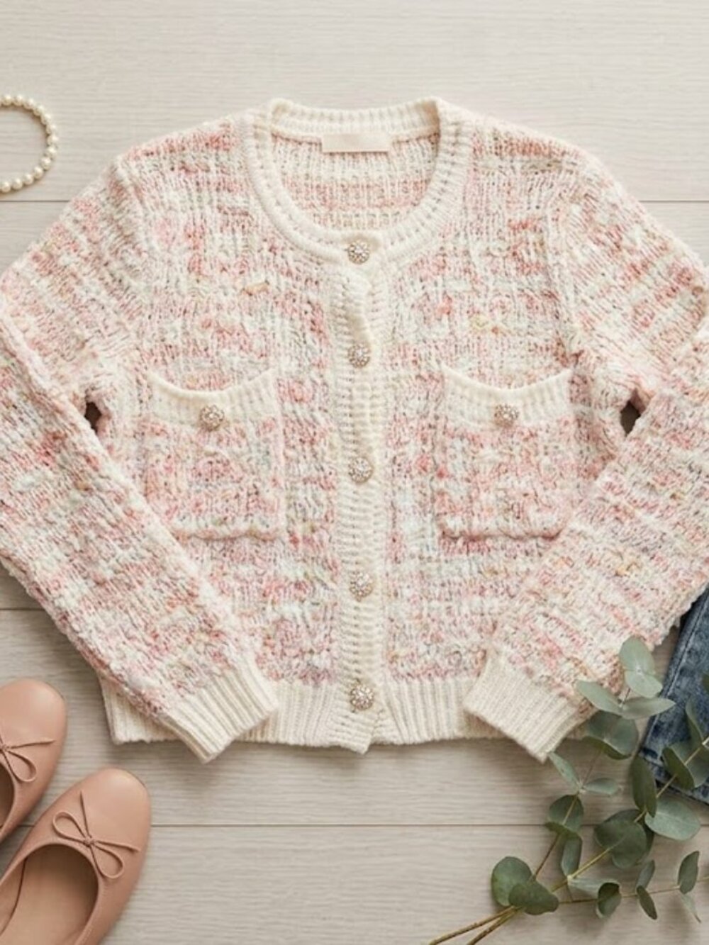 Handmade Women's Cream & Blush Textured Button-Front Cardigan